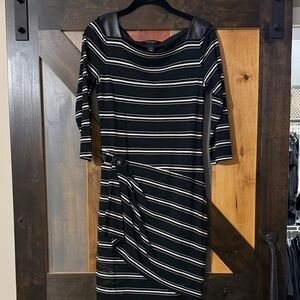 White House Black Market Black and White Striped Dress with leather details